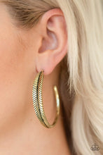 Load image into Gallery viewer, Paparazzi Earring - Funky Feathers - Brass Hoop Earring